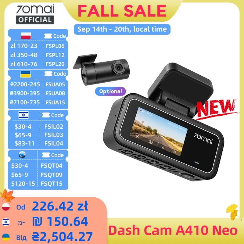 70mai Dash Cam A410 Front 1440P Rear 1080P Car DVR Upgraded Ver. of 70mai A400 Car Recorder 24H Parking Mode Support Max 256GB