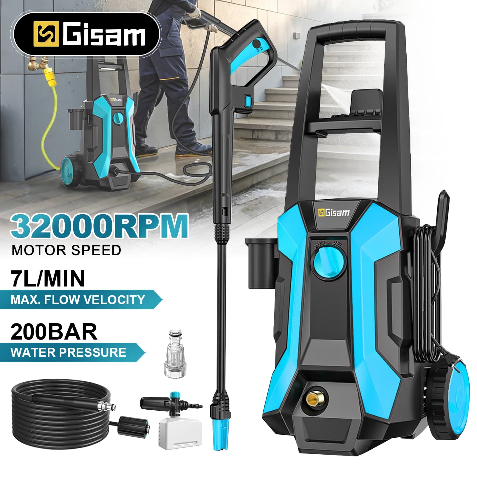 Gisam 2200W High Pressure Car Washer Spray Water Gun Garden Washing Machine 200Bar Handheld Cleaner with 10m Pipe, for Car, Home And Garden