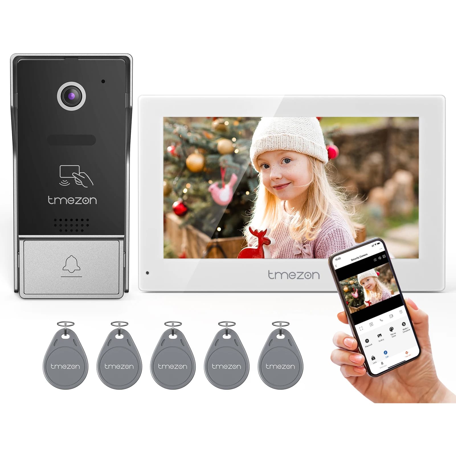 TMEZON 7 Inch Tuya App 1080P Wifi Smart Video DoorPhone Intercom System with Wired Doorbell APP/Password/Card Swipe TouchScreen