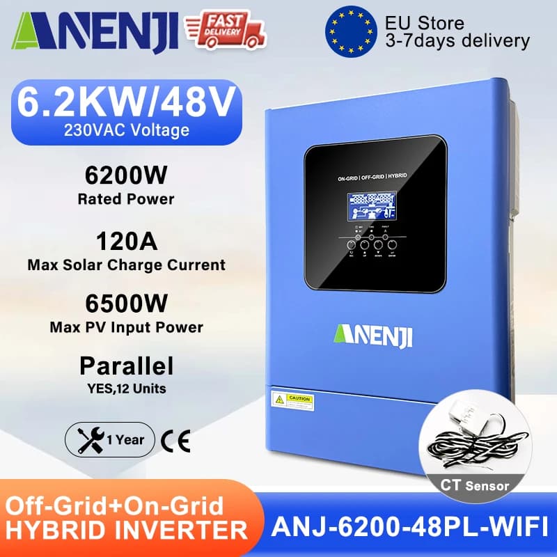 ANENJI 6.2KW 48V Hybrid Solar Inverter Parallel Photovoltaic On Grid MPPT Inverter Pure Sine 220V 120A Solar Charger PV 500V