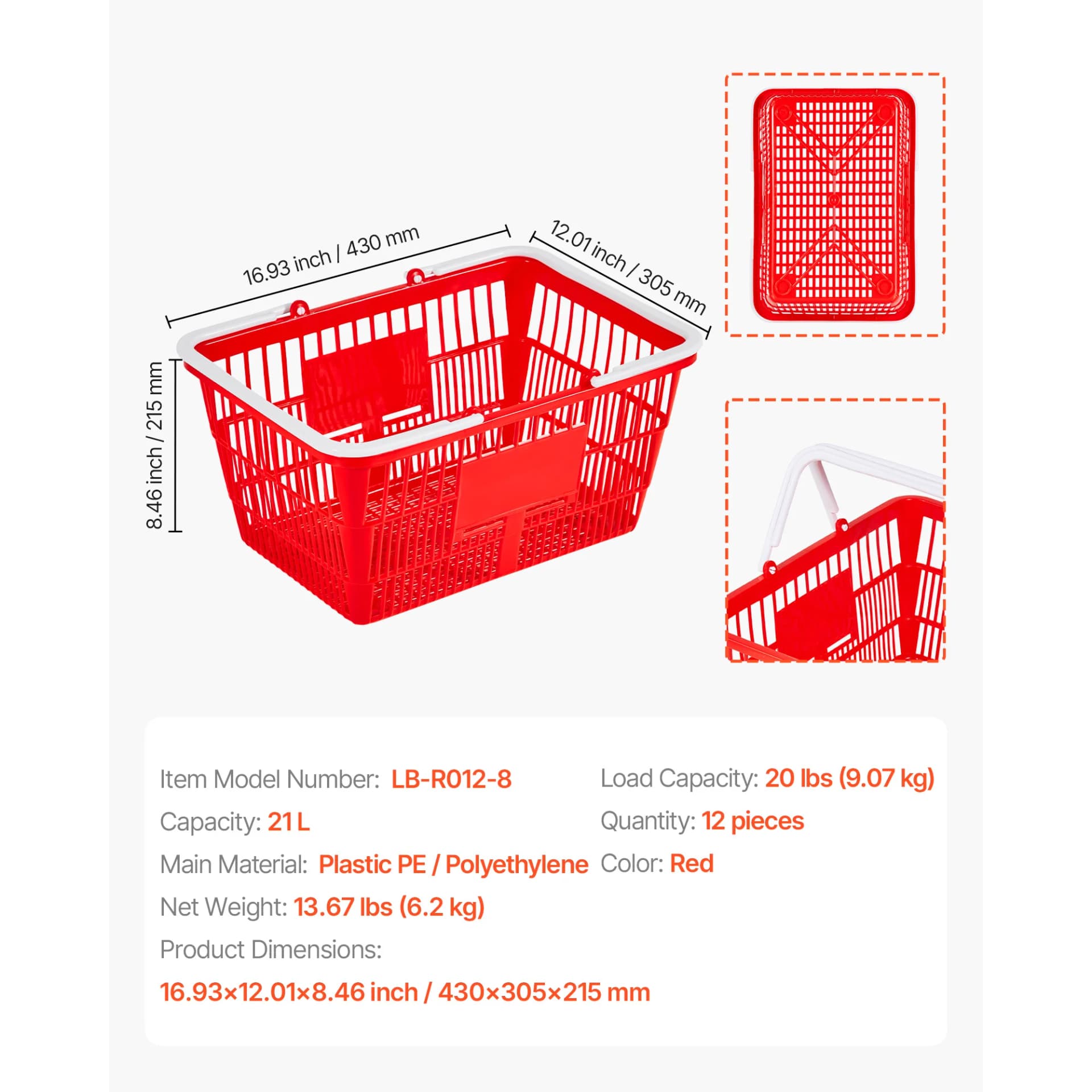 SucceBuy 4/12/20 PCS Shopping Baskets 21L Stackable PE Plastic Grocery Baskets with Handles Portable for Stores Supermarket Use