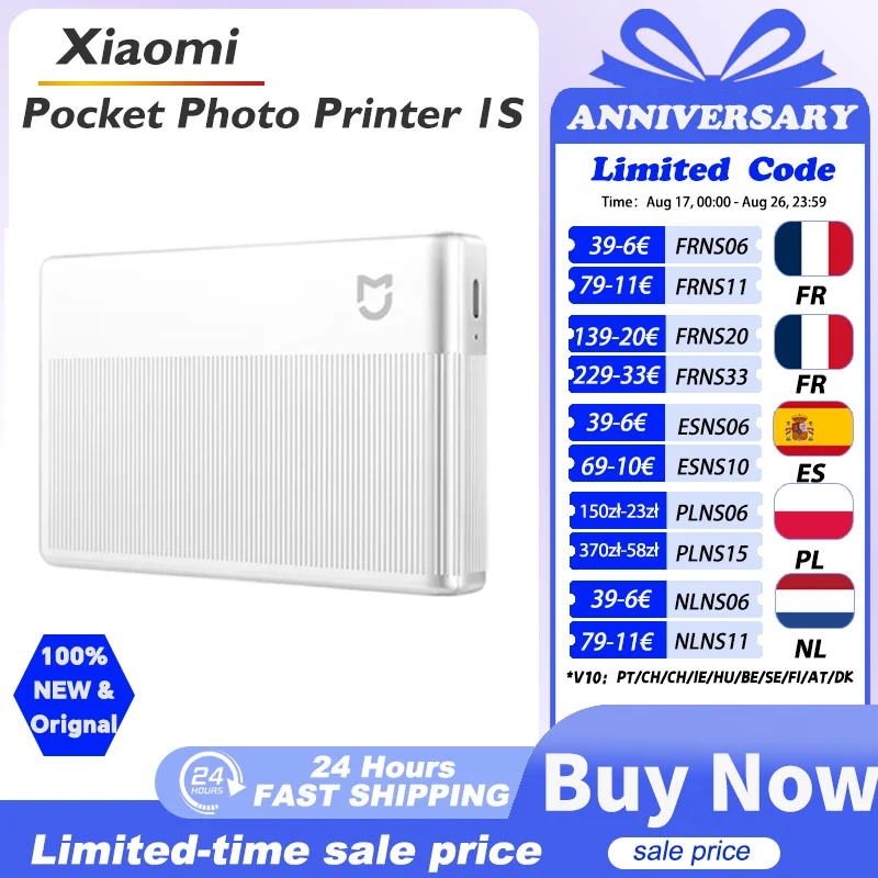 Xiaomi Pocket Photo Printer 1S Wireless Bluetooth Thermal Print AR Video ZINK Inkless Technology Portable Printing Mi home APP