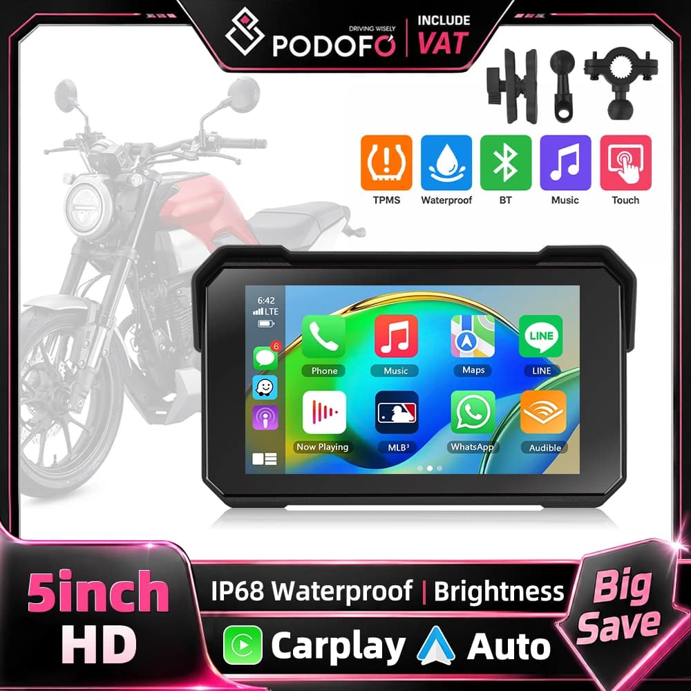 Podofo 5 Inch Vertical Screen Smart Motorcycle Display Wireless Carplay Android Auto Navigation IP68 Waterproof BT Brightness Adjustment Motorcycle Monitor 12V Multiple Languages Portable Monitor Smar