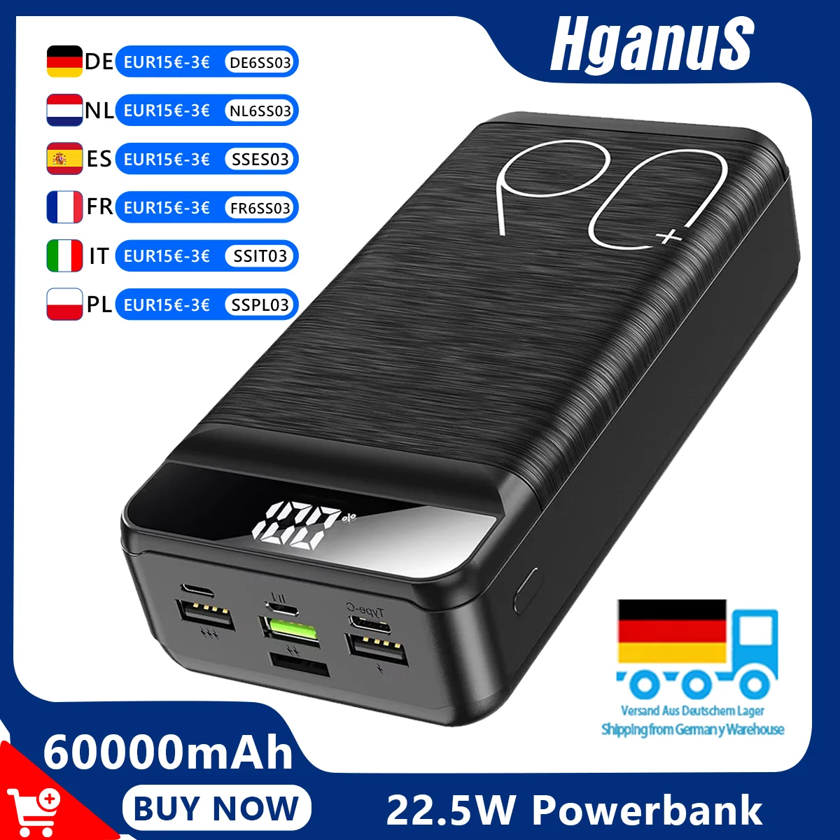 Hganus External Battery 22.5W 60000mAh Power Bank QC PD3.0 Fast Charging, Large Capacity, with Flashlight, for iPhone 17, Xiaomi, Samsung, Outdoor Use