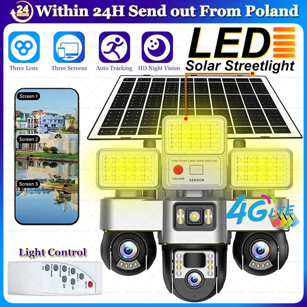 4G Solar Cameras 2 IN 1 15W Solar Panel 16000mAh Battery Timed Street Light LED Streetlight IP Monitoring Surveillance Monitor Outdoor Smart Home 3 Lenses Security Protection Solar 4G CCTV Camera