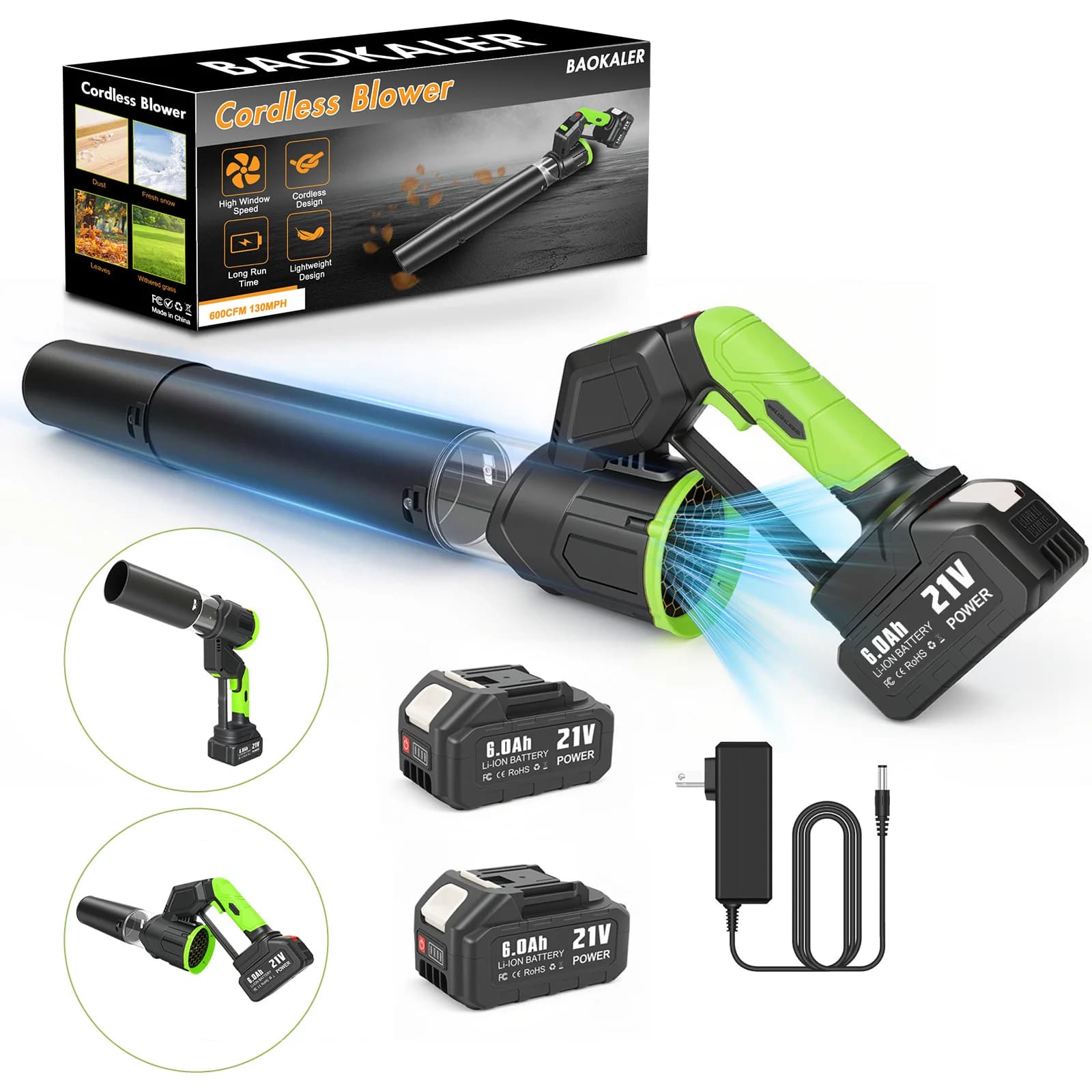 21V Cordless Brushless Leaf Blower 600CFM High-Power 25000RPM 3 Speeds 180°Adjustable LED Display With 2x6.0Ah Battery Cleaning