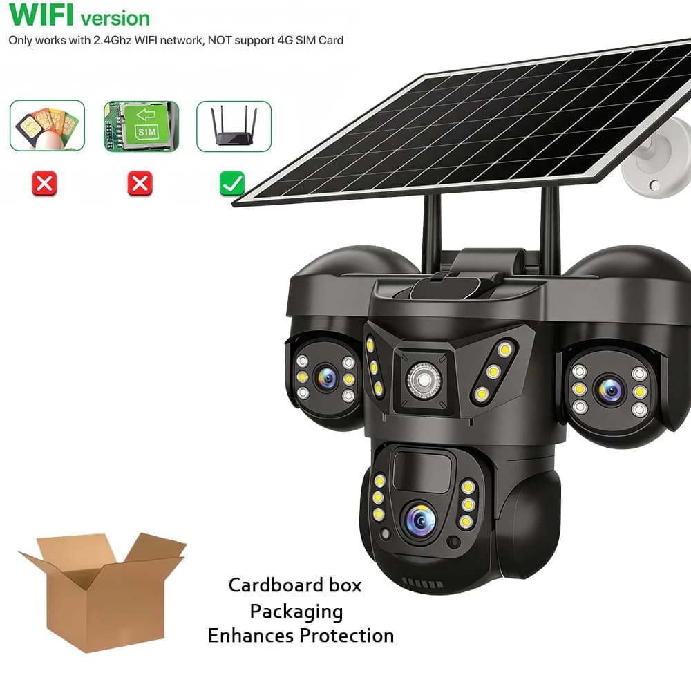 WiFi Solar Camera 3Lenses Outdoor 15MP Low Power Battery IP Camera PIR Night Vision V380 Pro Outdoor CCTV Security PTZ IP66 Home Camera