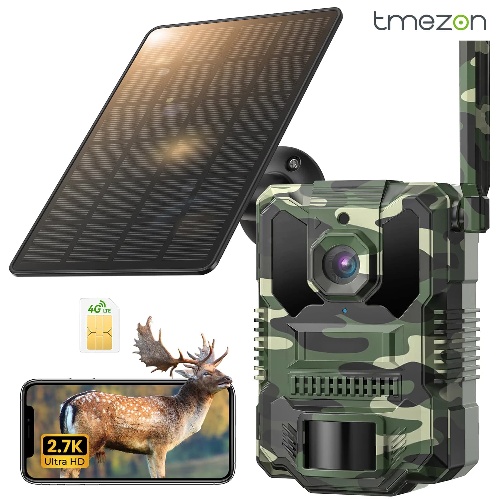 4G LTE Wildlife Camera with App, 2.7K Solar Hunting Trail Camera with SIM Card, Photo Trap Cam, PIR Motion Sensor, Night Vision  NO SD CARD
