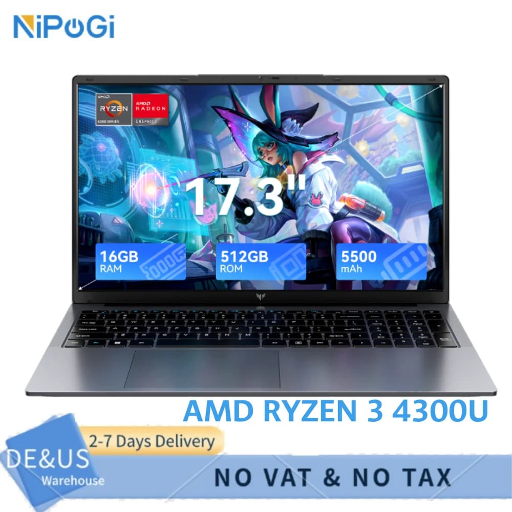 NIPOGI 17.3" Laptop FHD 1920×1080 Display AMD Ryzen 3 4300U 16GB RAM 512GB SSD Laptop, Windows 11 Laptops Computer Notebook