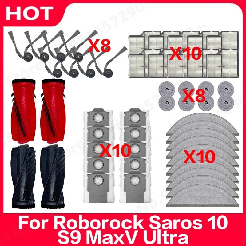 Replacement Parts Compatible for Roborock Saros 10 / S9 MaxV Ultra Main Roller Side Brush HEPA Filter Mop Cloth Dust Bag