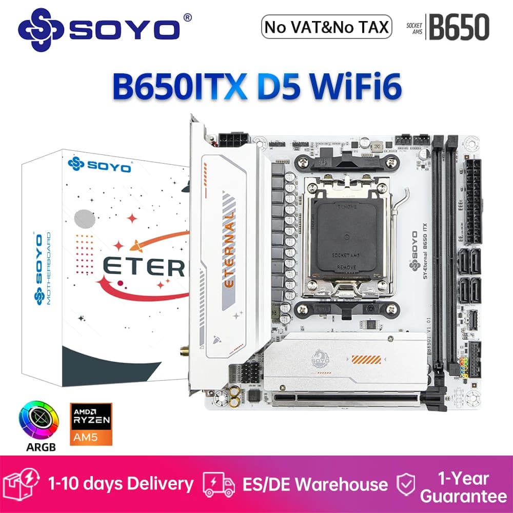 SOYO Motherboard AMD B650ITX Ryzen AM5 DDR5 Supports CPU 7000 8000 9000 Processors Pcie5.0x16 Pcie4.0x4 M.2 ARGB WIFI6