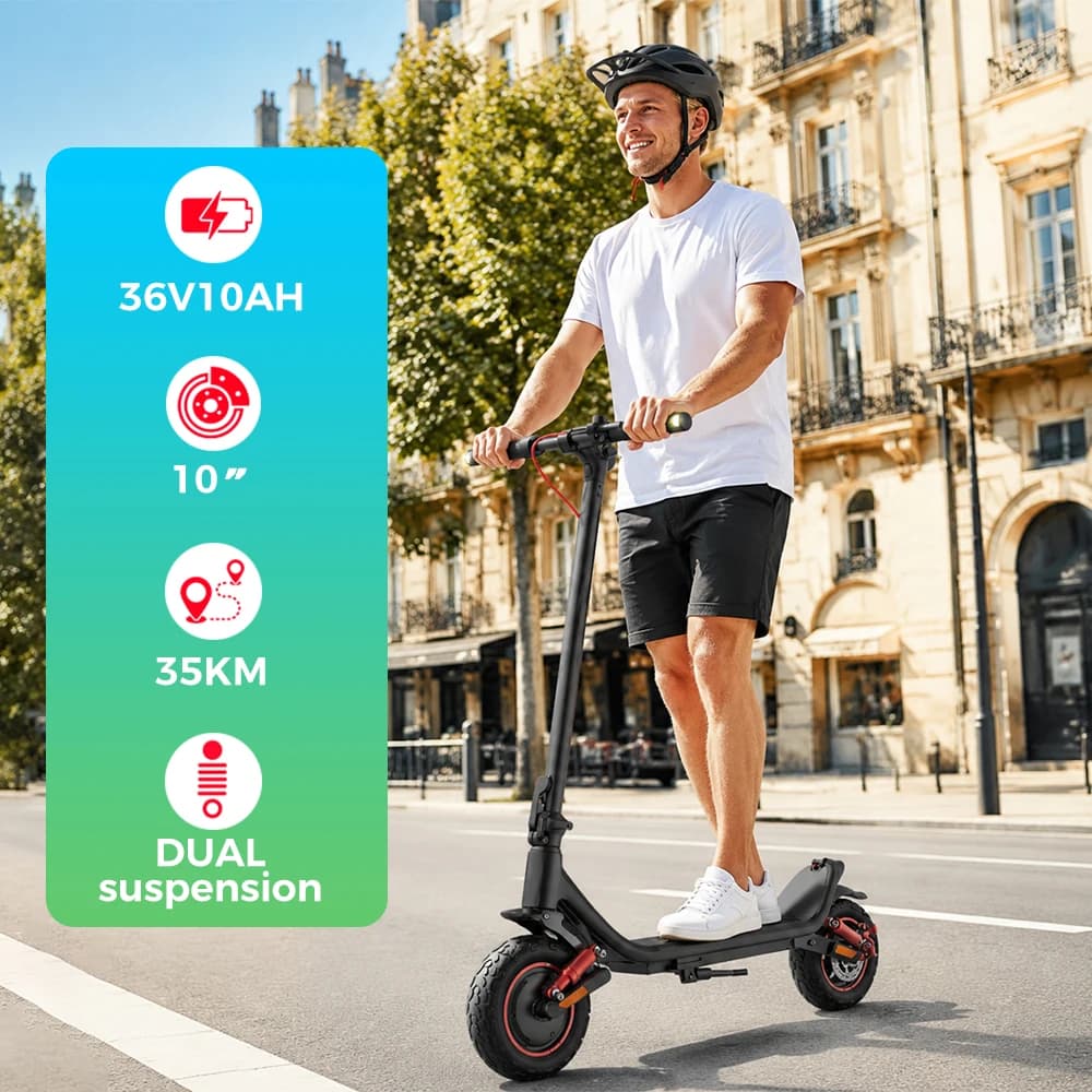 Adult Electric Scooter 36V 10Ah Battery 10 Inch Widen Tire 30-35KM Range Turn signal Waterproof Dual Suspension Full Lighting 120KG Load Adult Electric Scooters EScooter