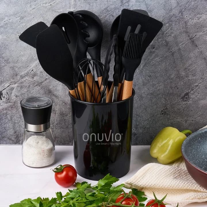 Silicone kitchen set with wooden 12 cooking tools, includes non-stick spatula, spoon, ladle, whisk and holder-perfect for baking and cooking-perfect for Christmas, Halloween, Easter, Hanukkah and thanksgiving