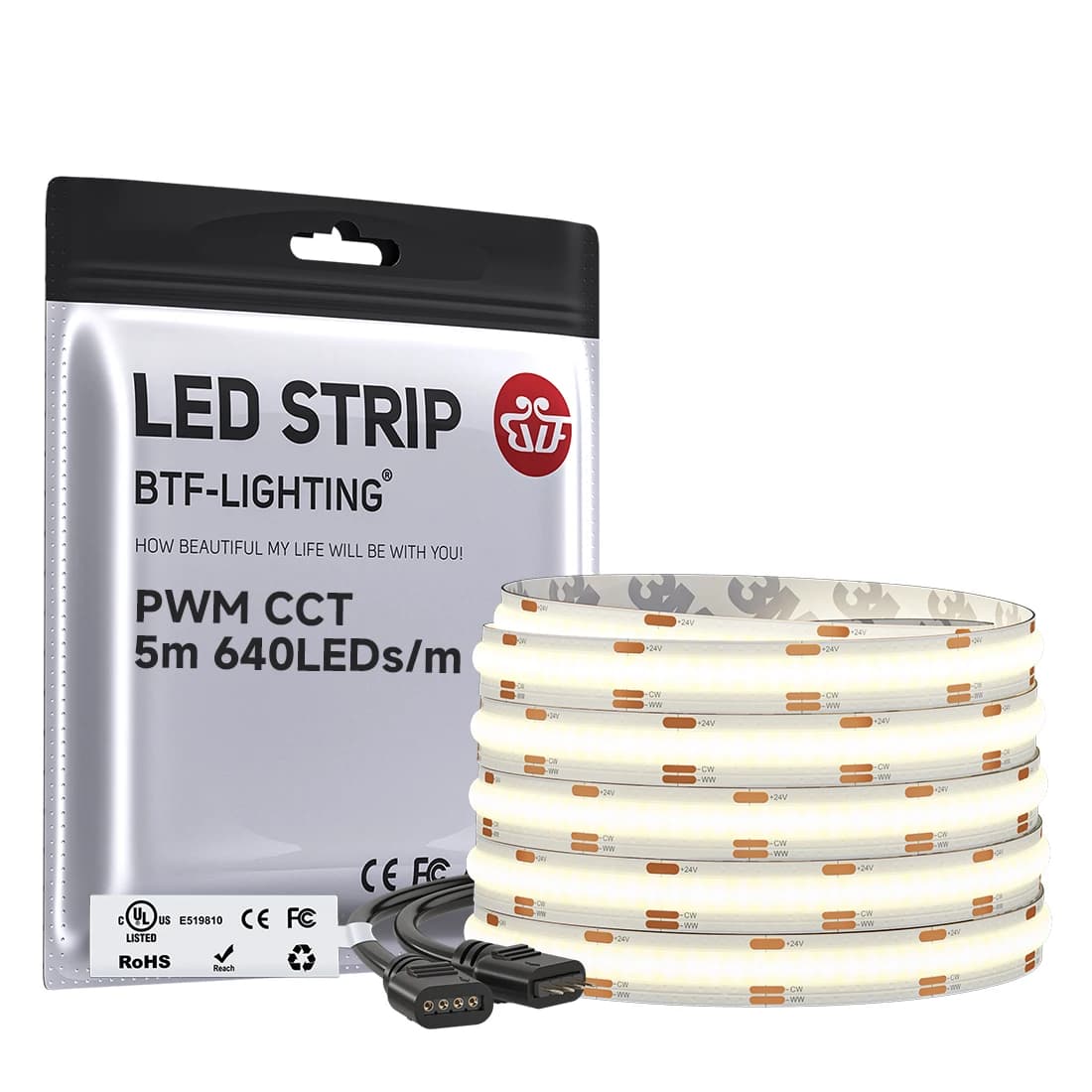 FCOB CCT Light Strip FOB COB LED 10mm Led Lights RA90 640 LEDs High Density Flexible Warm White with White Linear 3000K to 6000K Dimmable DC24V