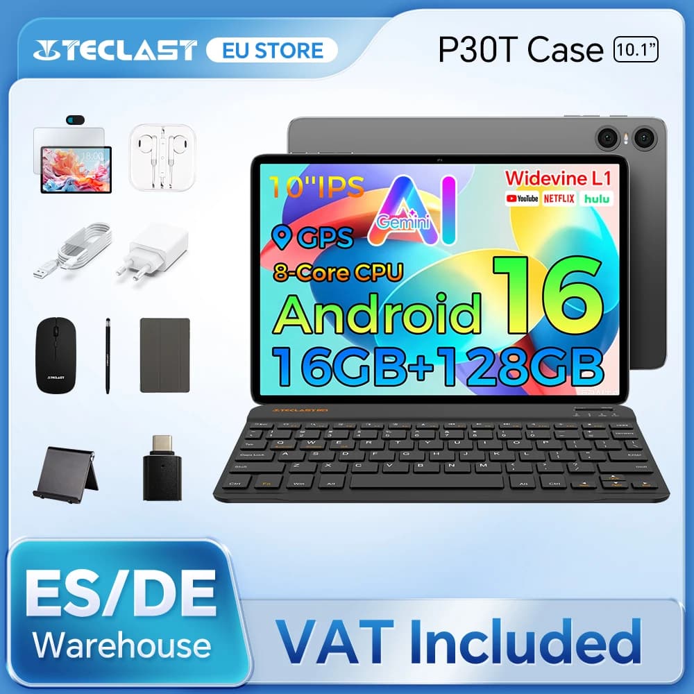 Teclast P30T Set 10.1" Tablet Android 16 Gemini AI Unisoc 8-core CPU 16GB(3GB+13GB Expansion) RAM 128GB ROM 6000mAh Keyboard/Case/Mouse/Stylus/Headphone/Stand