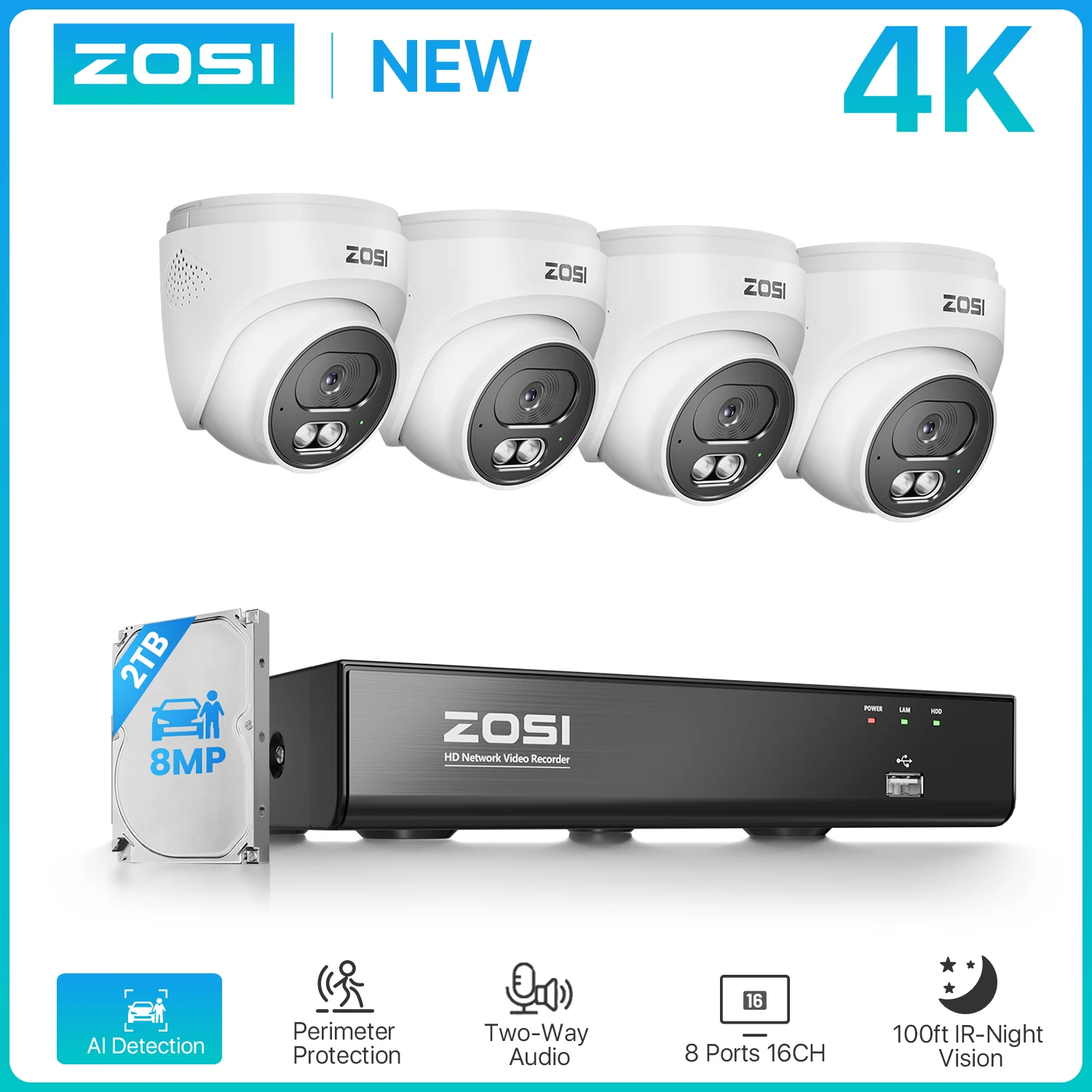 ZOSI 4K 8MP PoE Cctv Security Camera System Smart Home Video Surveillance Kit 8CH NVR Two-Way Audio Outdoor Indoor IP Dome Cam
