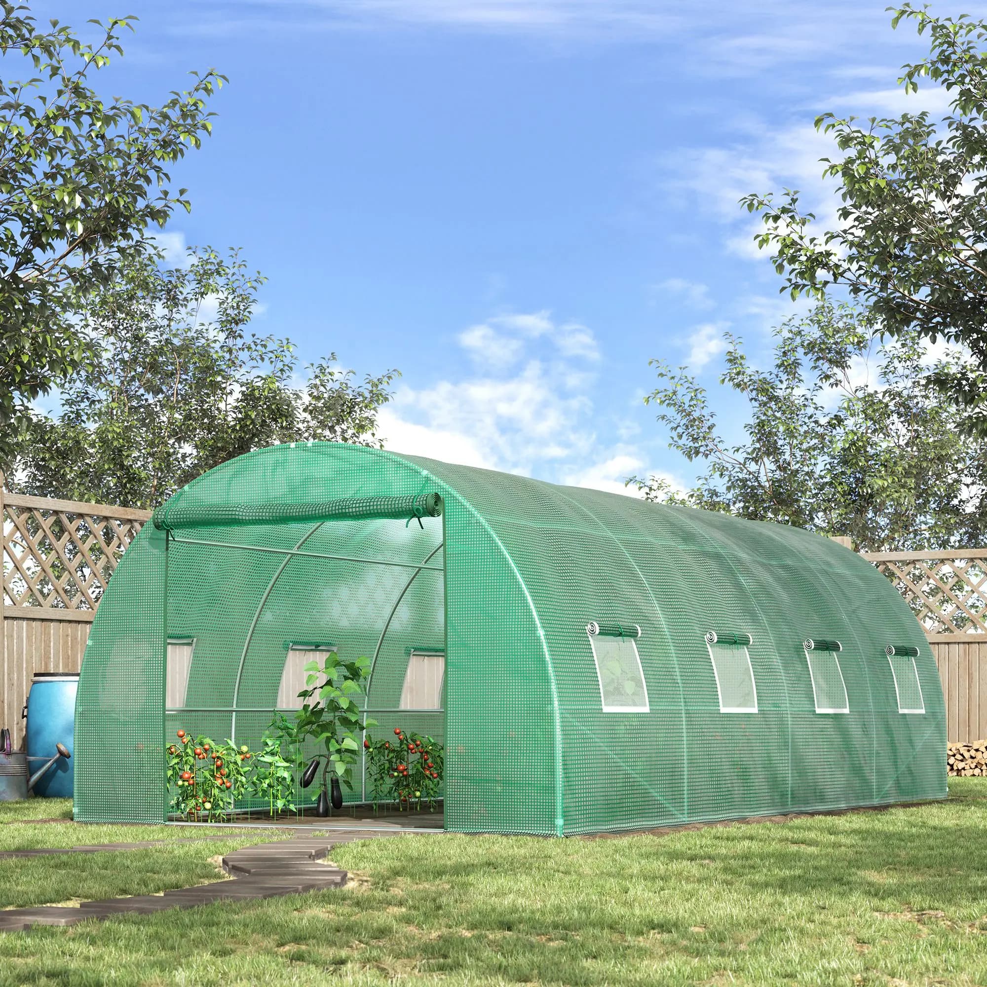 Walk-in Greenhouse 6x3x2 m (19.7x9.8x6.6 ft) with 8 Windows, Roll-Up Door, Roll-Up Side Walls, UV-Resistant Winterproof Polyethylene Cover, Tomato House with Steel Frame & Ground Anchors, Green