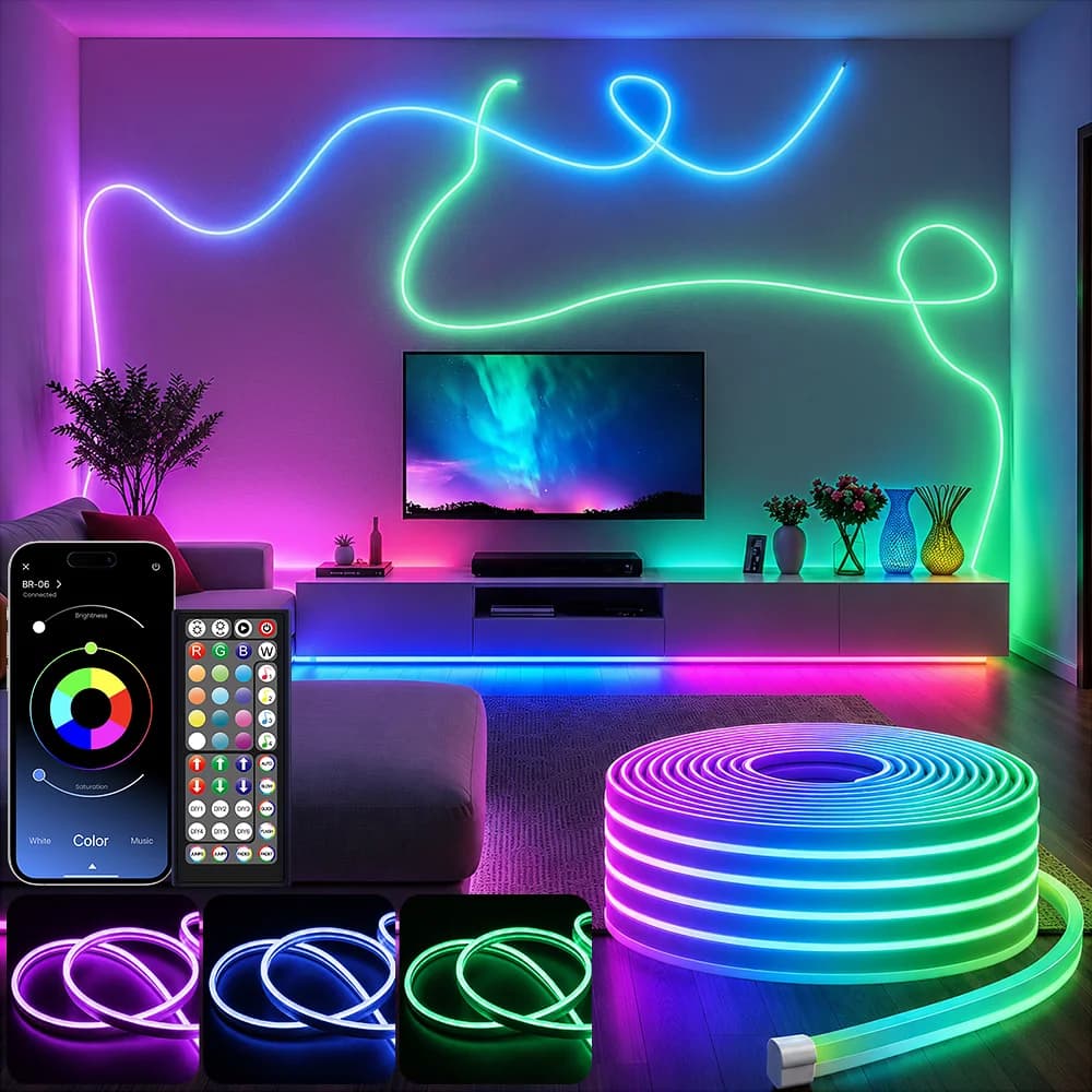30M/20M/10M LED Neon Strip Lights Indoor with APP/Remote, IP67 Waterproof DIY Shape Music Sync Timer Function Flexible 24V RGB Rope Lamp for Bedroom Party Bar Decor