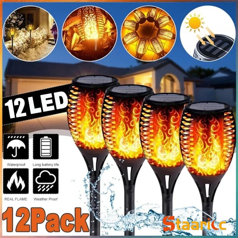 8/12/16PCS 12LED Solar Flame Torch Lights Flickering Light Waterproof Garden Decoration Outdoor Lawn Path Yard Patio Floor Lamp