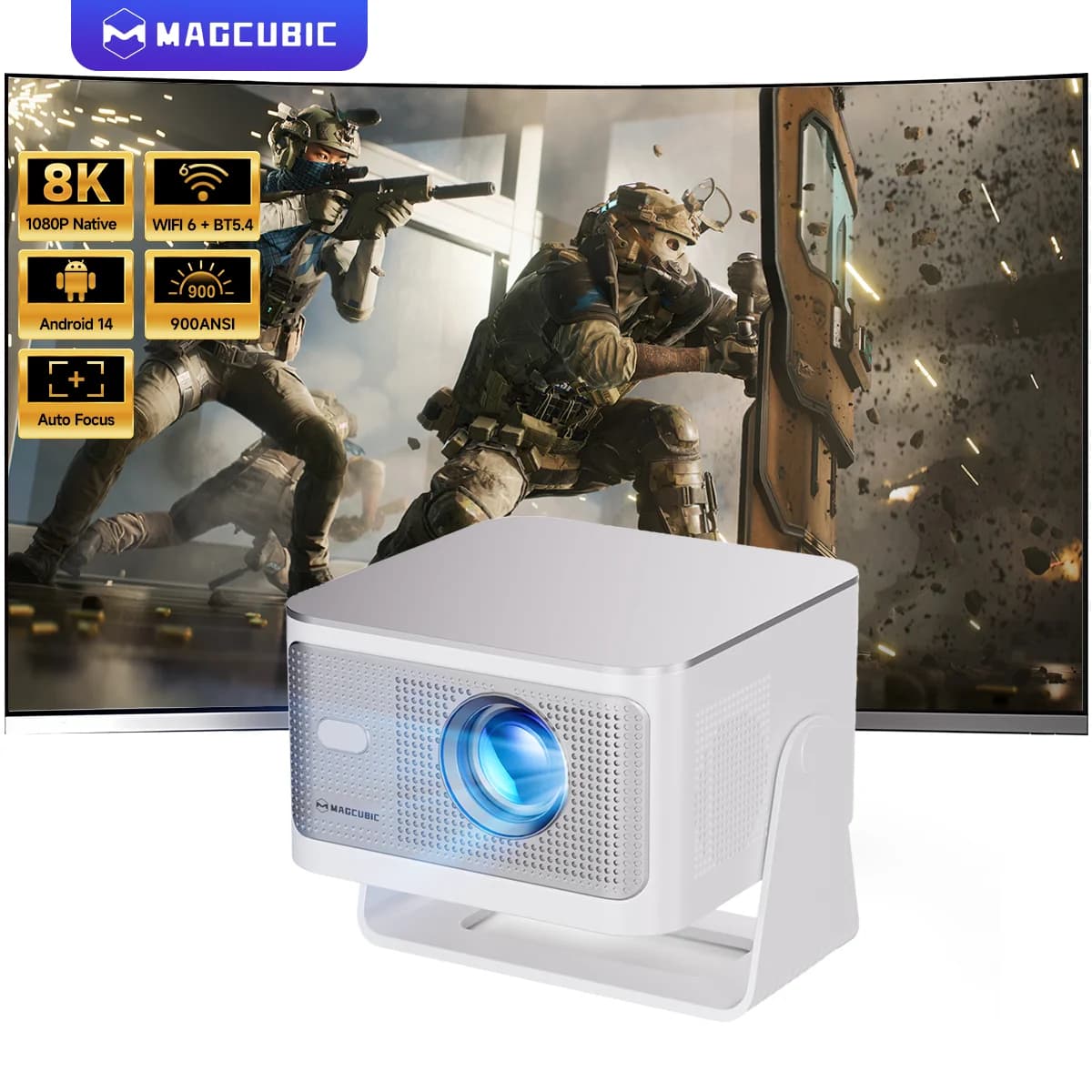 Magcubic HY350Max Voice Control Portable Projector, 900ANSI Native 1080P Auto Focus, Android 14 OS 8K Support WiFi6 BT5.4 Home Beam
