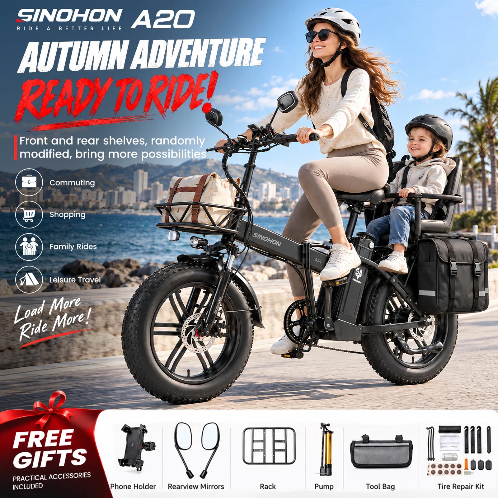SINOHON A20 Folding Electric Bike 750W 48V22Ah 45KM/h 80KM Rang Electric Bicycle 20"x4.0 Fat Tires Ebike with Front and Rear Racks