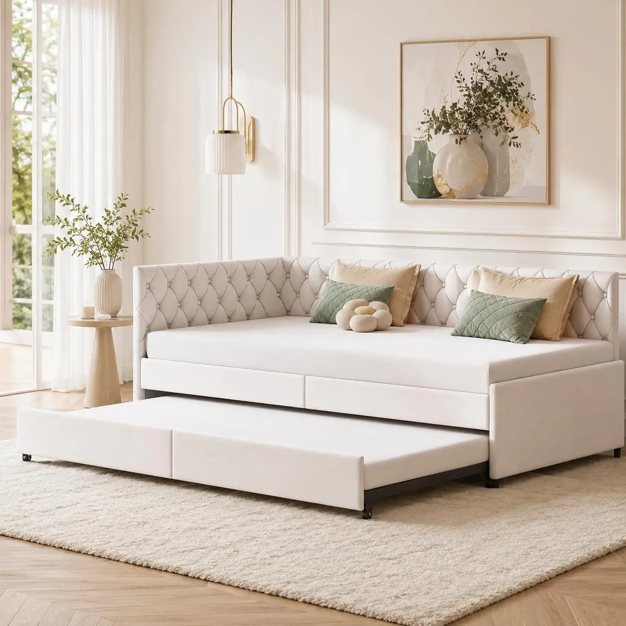 Day Bed, Extendable 90 x 200 cm, Sofa Bed, Upholstered Bed, Extendable with Guest Bed, Velvet Fabric Bed, Extendable, Sofa Bed with Slatted Frame for Adults 2 People, without Mattress