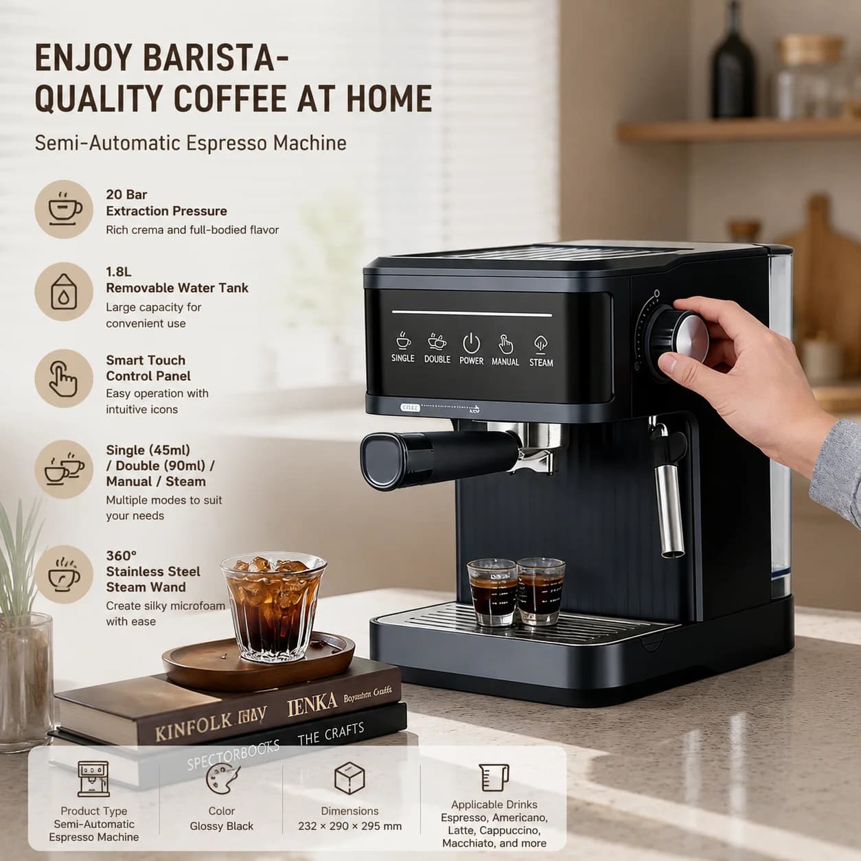 20 Bar Espresso Machine Smart Touchscreen 360° Steam Wand Cup Warmer Single Double Shot 1.8L Black