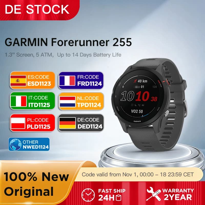 Garmin Forerunner 255 garmin watch garmin Sports Smartwatch 46mm 1.3'' Color Screen 14 Days Battery Life 4GB RAM NFC Bluetooth Wifi 5ATM Waterproof