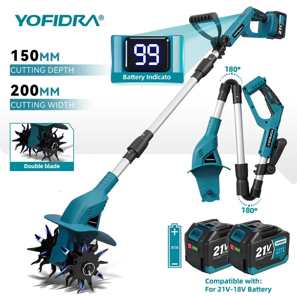 YOFIDRA 200MM Electric Garden Tiller Cultivator 180° Foldable Rototiller Soil Loosener Lawn Mower for Makita 21V Battery Pin