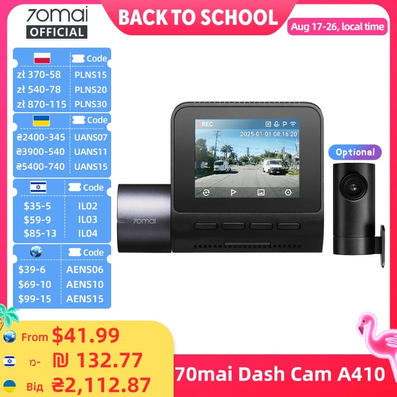 70mai Dash Cam A410 Front 1440P Rear 1080P Car DVR Upgraded Ver. of 70mai A400 Car Recorder 24H Parking Mode Support Max 256GB