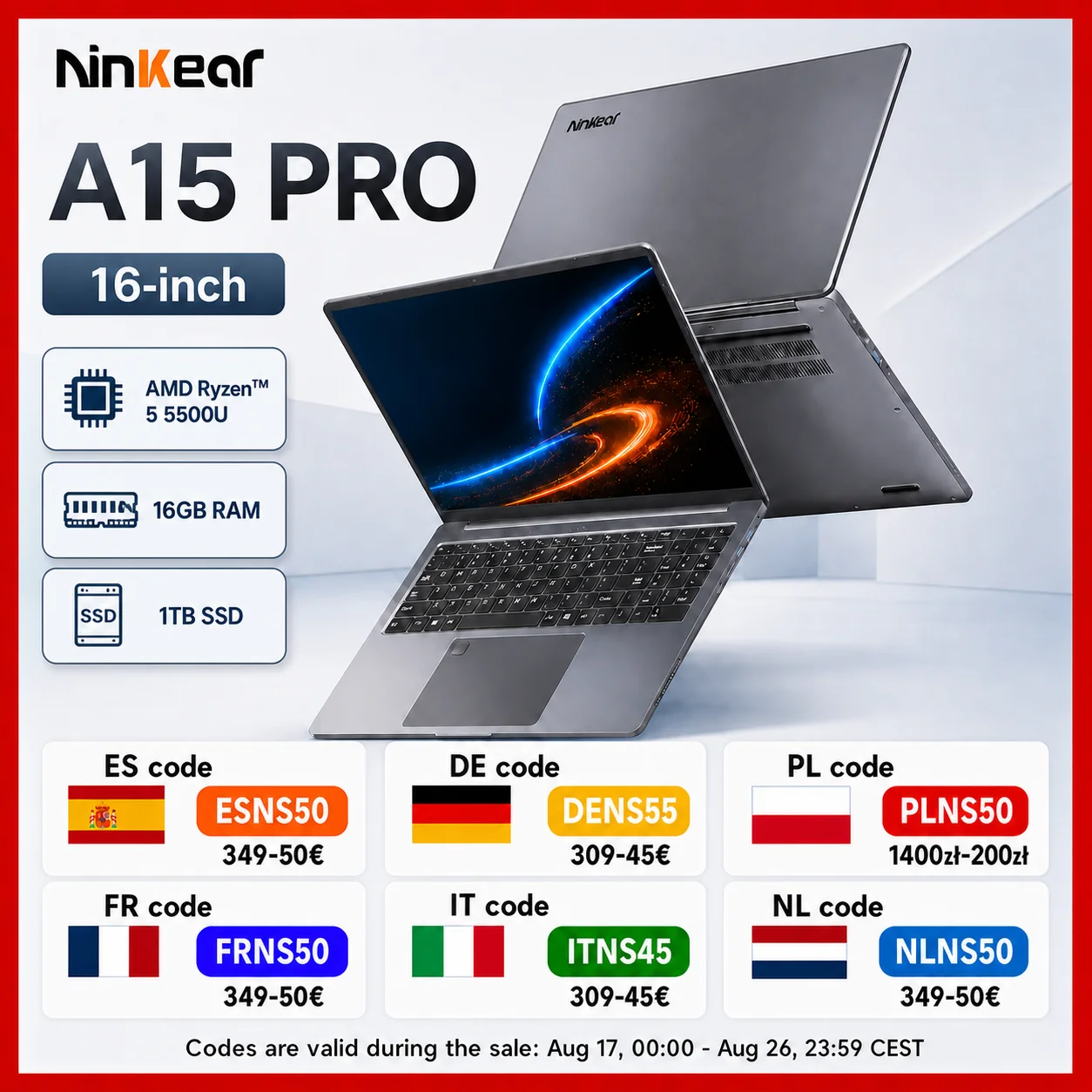 Ninkear A15 Pro Laptop 16 Inch 2.5K 2560×1600, AMD Ryzen 5 5500U 6-Core, 16GB DDR4 RAM 1TB SSD, WiFi 6, Bluetooth 5.2, 54.72Wh Battery, Backlit Keyboard, Fingerprint, 65W PD