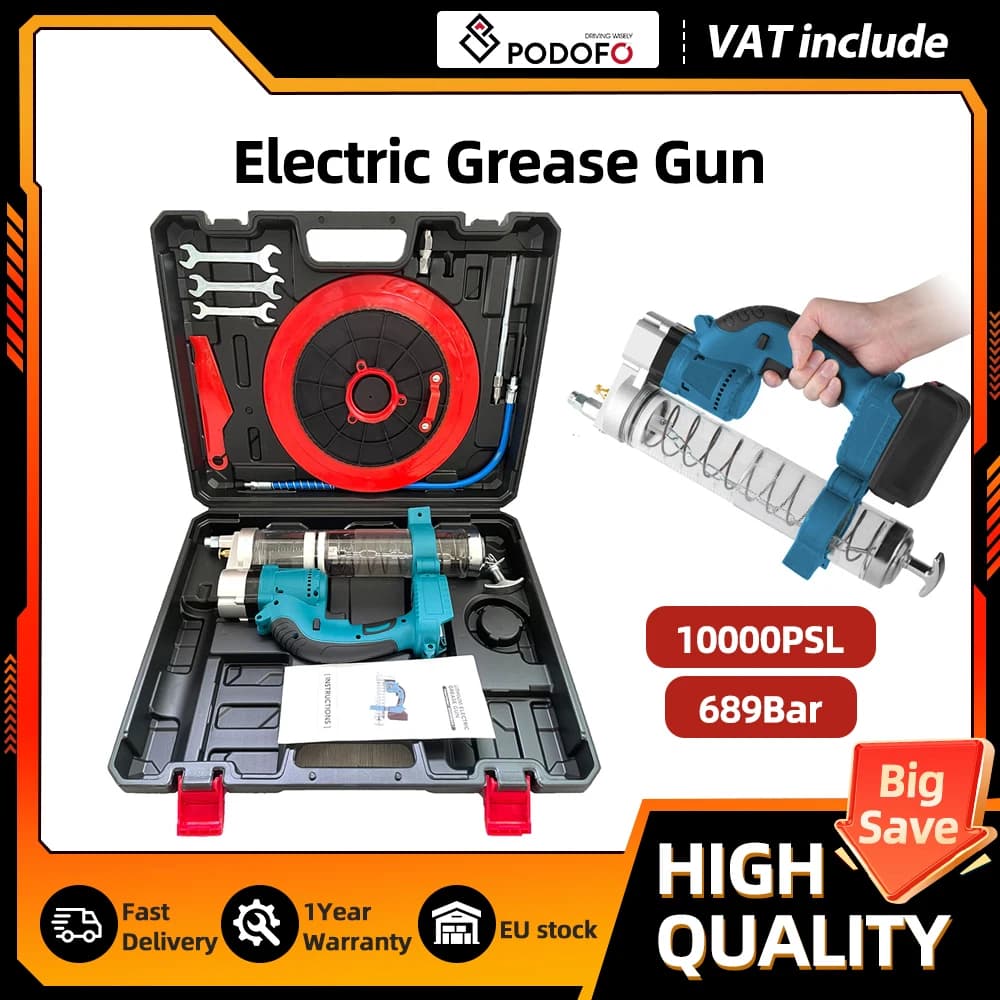 Podofo 689Bar High-Performance Brushless Motor Grease Gun Electric Lubricator Tool Set For Makita 18V Battery