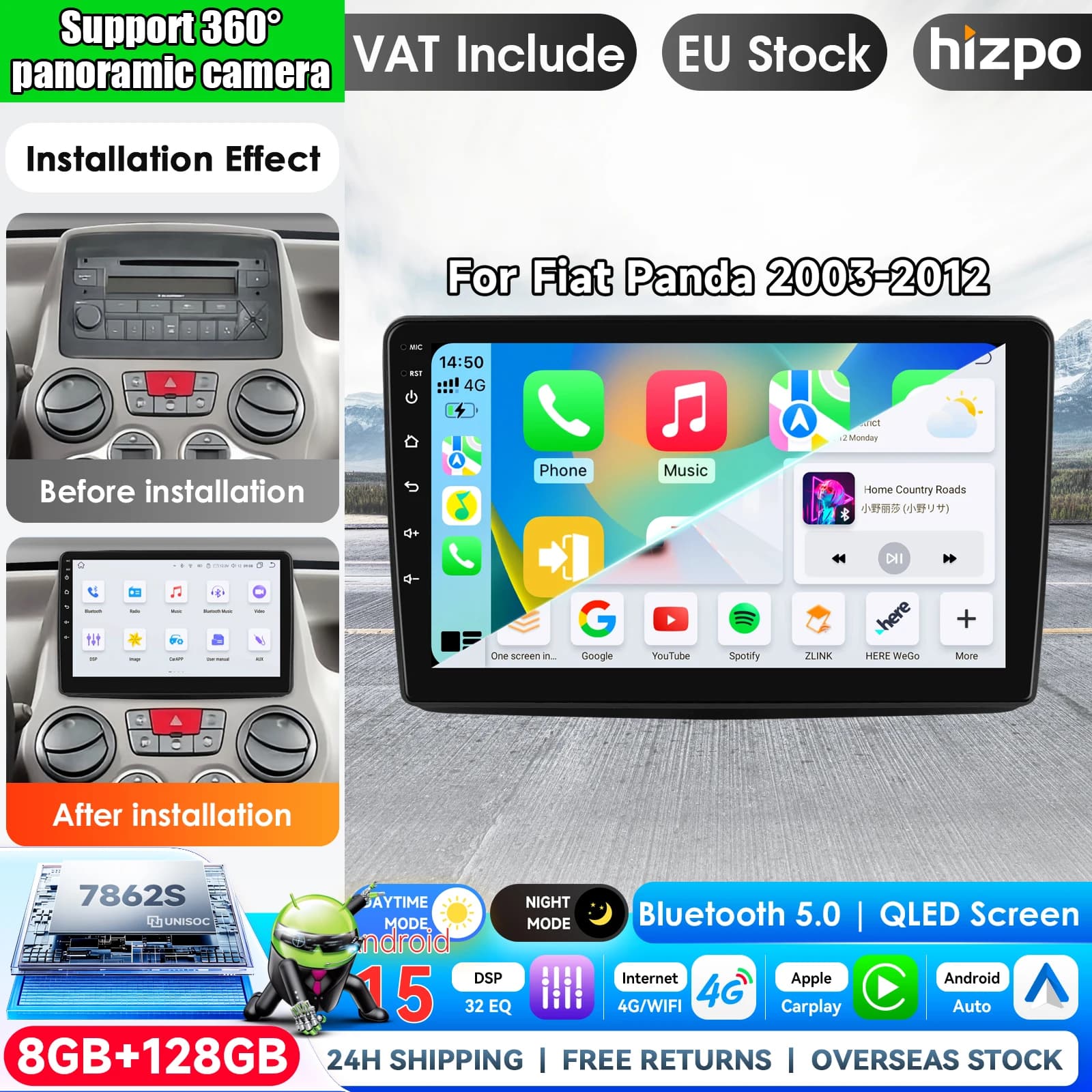 Hizpo 9" Wireless CarPlay Android Auto Car Radio For Fiat Panda 2003 - 2012 Multimedia Wireless Apple CarPlay Smart Intelligent Systems IPS Touch Screen Stereo Video Player 2 Din Autoradio Head Unit Navigation BT GPS 4G WIFI FM AM DSP RDS SWC 360Camera PC