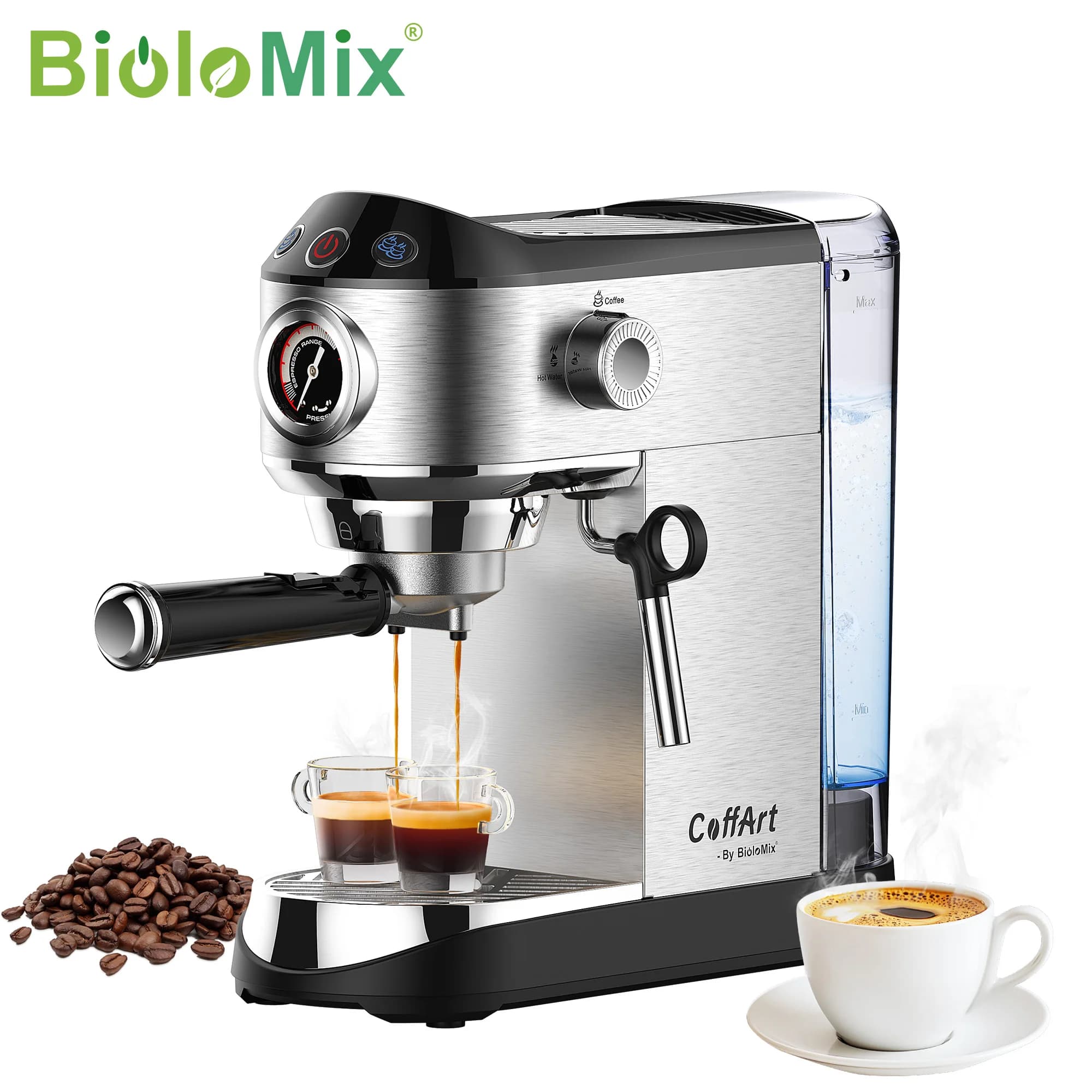 BioloMix 20 Bar Semi-Automatic Coffee Machine with Milk Frother Wand for Espresso Cappuccino Latte Mocha - Powder Coffee Maker