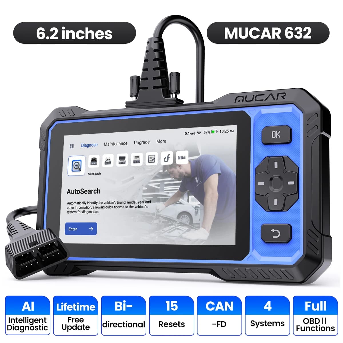 MUCAR 632 Diagnostic Tools ECM/TCM/SRS/ABS 4 Systems Car OBD2 Scanner 15 Resets Lifetime Free Update 2025 CANFD Scan Tools
