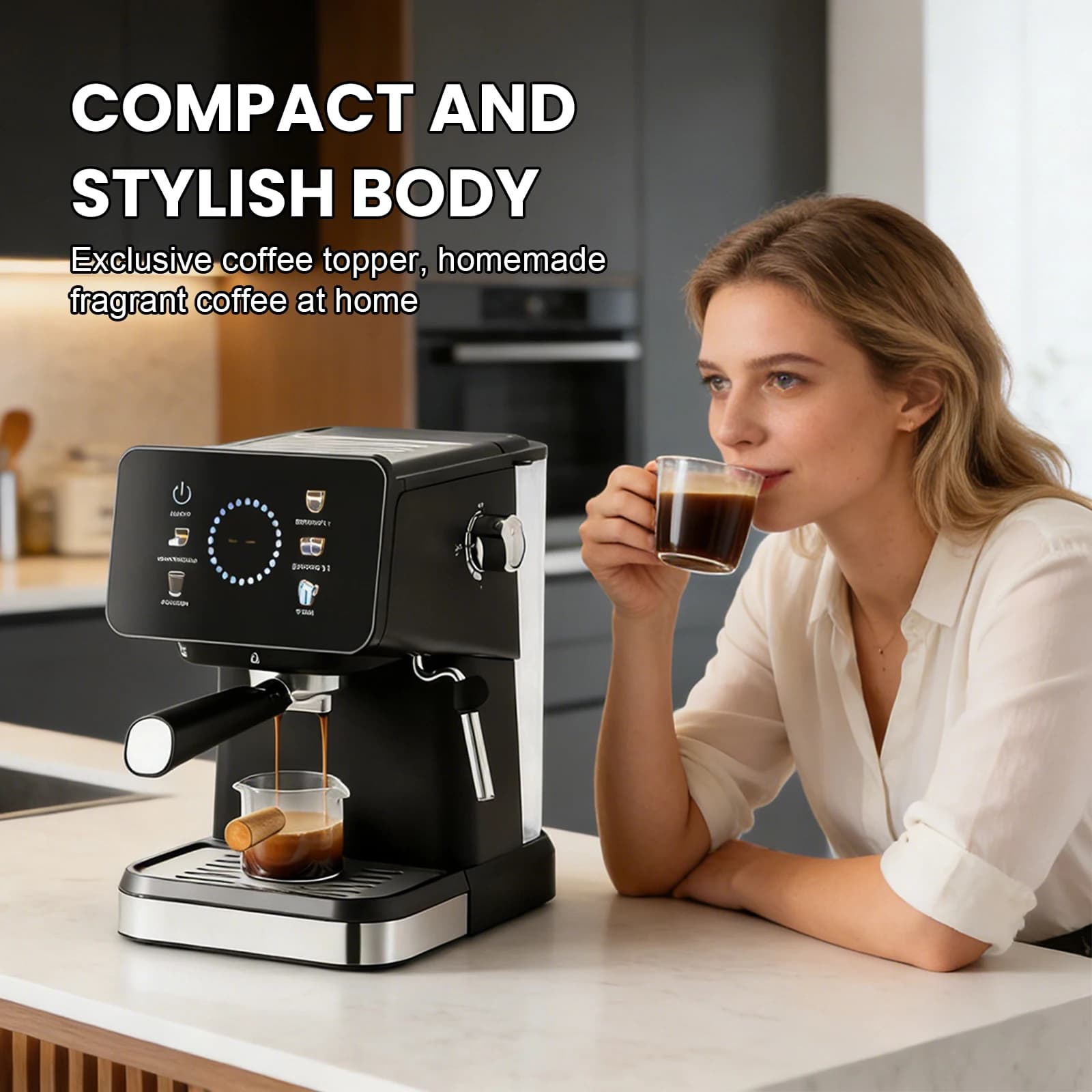 20Bar Espresso Machine with Touchscreen, Cold Brew & Hot Extraction, Steam Wand, Single/Double Cup, Compact Design, Black