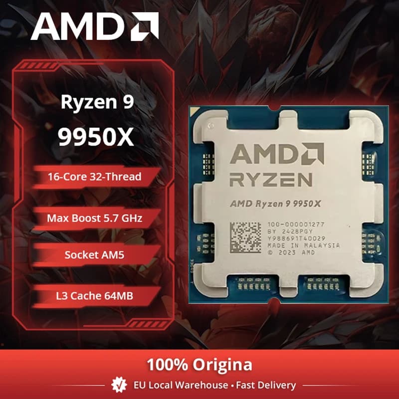 AMD Ryzen 9 9950X 16-Core  CPU, 5.7GHz Max Boost, 64MB L3 Cache, AM5 Socket, DDR5, 170W TDP, R9 9000 Series No Fan
