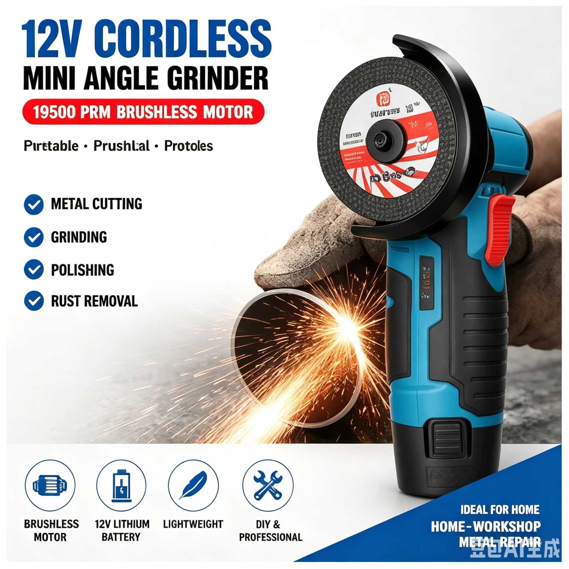 12V Rechargeable Mini Lithium Angle Grinder, Portable Cordless Cutting Polishing Grinding Machine, Handheld Small Grinder for DIY Metal Polishing & Repair Work