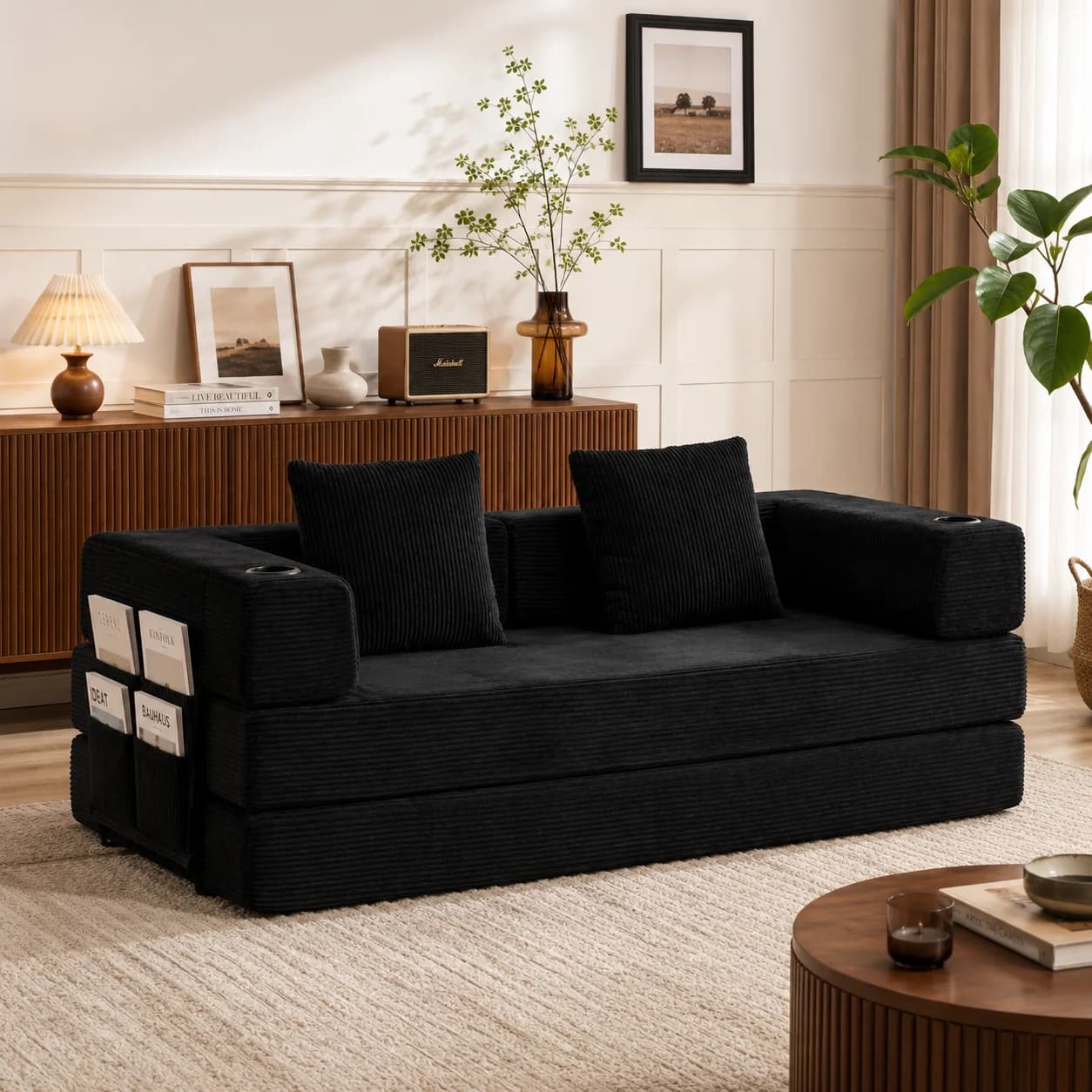Black Corduroy Foldable Floor Sofa Bed, Convertible Lazy Couch with Cup Holders Side Storage Pockets, No Assembly Compressed Modular Sofa for Living Room Apartment Guest Sleeping