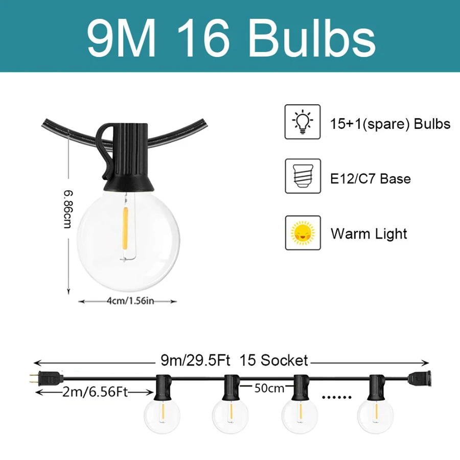 G40 LED String Lights Outdoor Patio Party Globe Bulbs String Lamp For Christmas Street Garden Camping Terrace Decoration