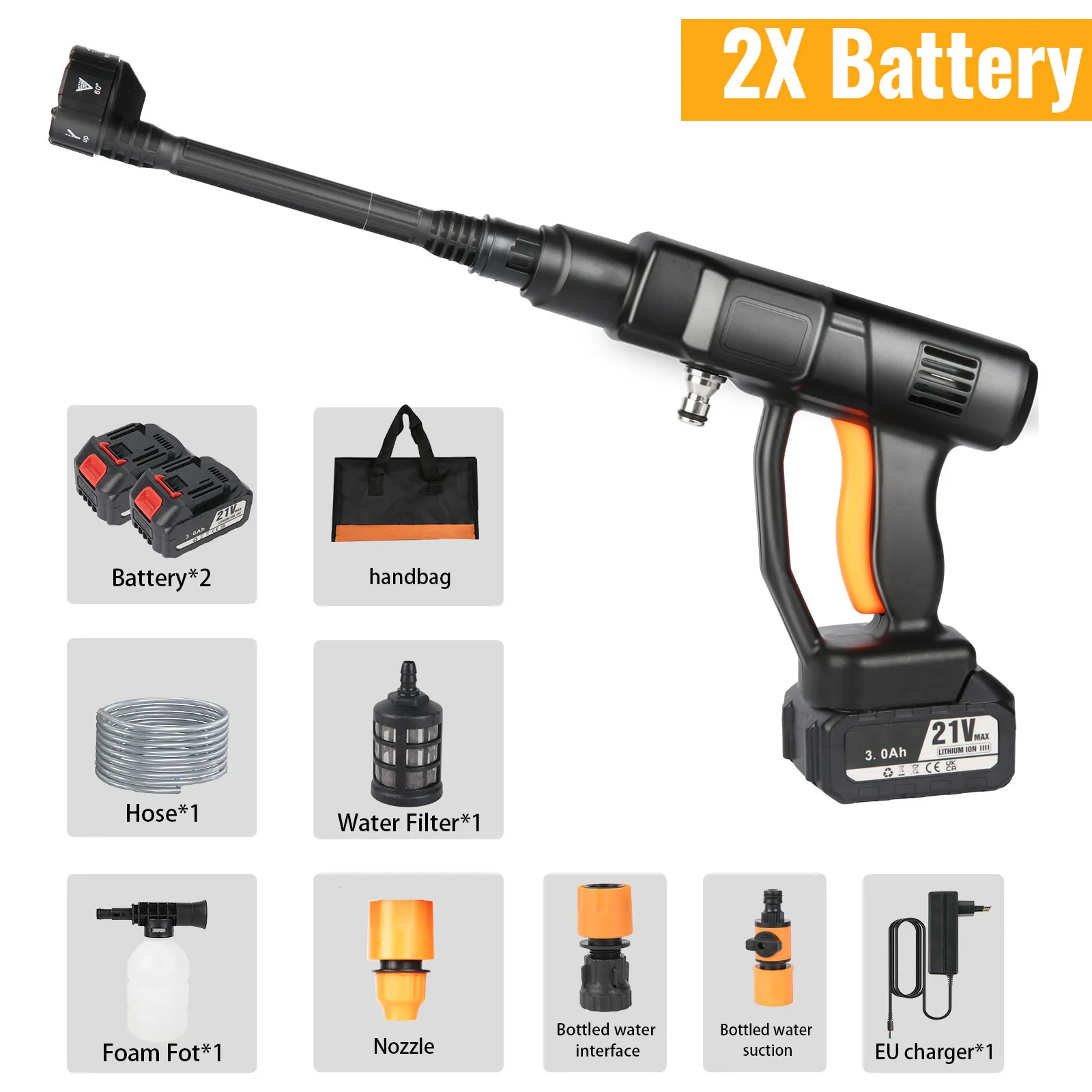 21V Cordless Power Washer Gun Portable Pressure Cleaner Spray Water Gun with 1/2Pcs Batteries & 5M Hose Jet Wash for Car Garden