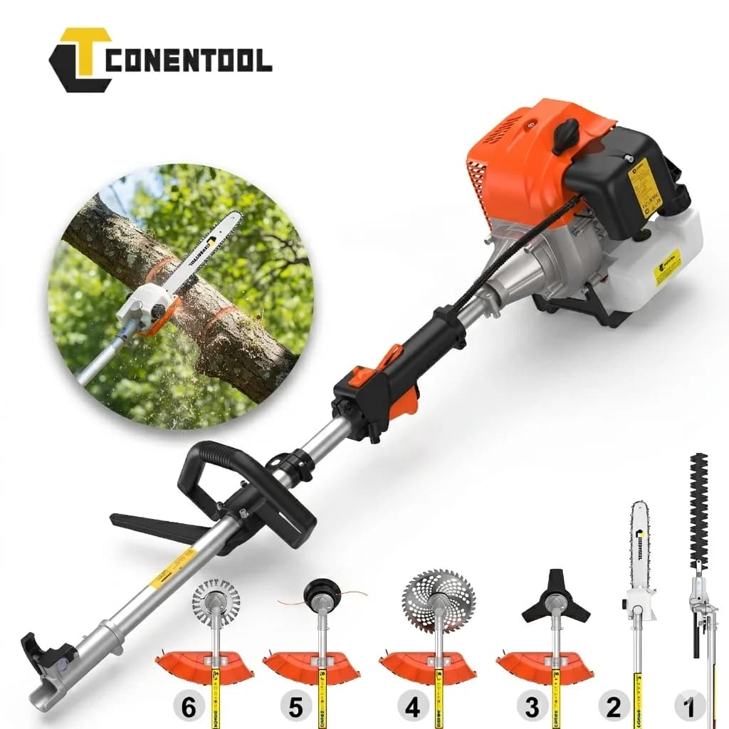 CONENTOOL 52cc Petrol Brush Cutter 6 in 1 2500W 2 Stroke Grass Trimmer 11000RPM with Chainsaw Hedge Trimmer Saw Blade