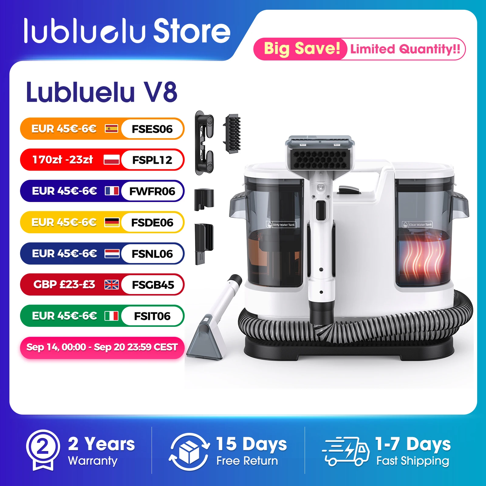 Lubluelu V8 800W Hot Water Carpet Cleaner  60°C Deep Clean Pet Stains 15kPa Strong Suction 5M Long Power Cord 1.75L Tank