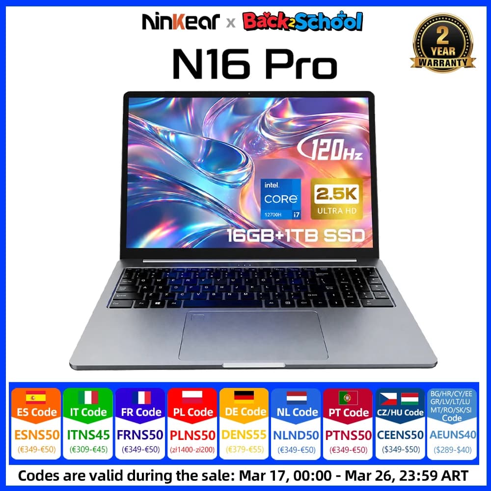 Ninkear N16 Pro Laptop PC Computer 16 inch 2.5K 120Hz IPS Intel Core I7-12700H 16GB DDR4 1TB SSD Windows 11 High Performance Gaming Business Laptop Portable Notebook for Office Study Work