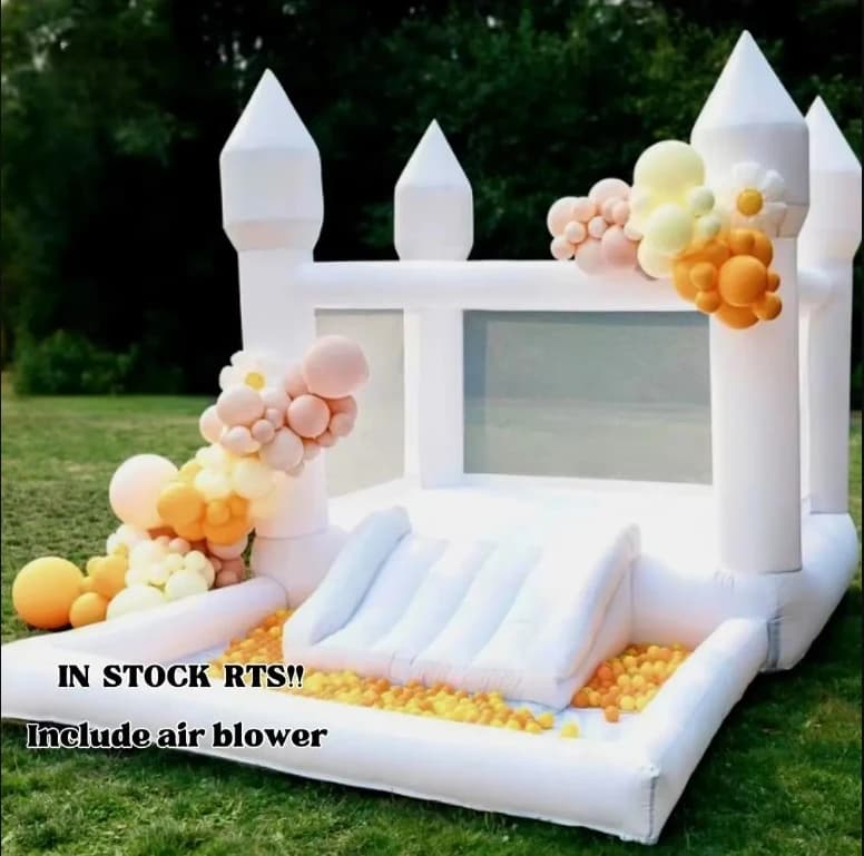 4x2x2.5m Inflatable White Bounce House with Ball Pit Bouncy Castle with Blower Air Pump Kids Birthday Party Toys Wedding Toys