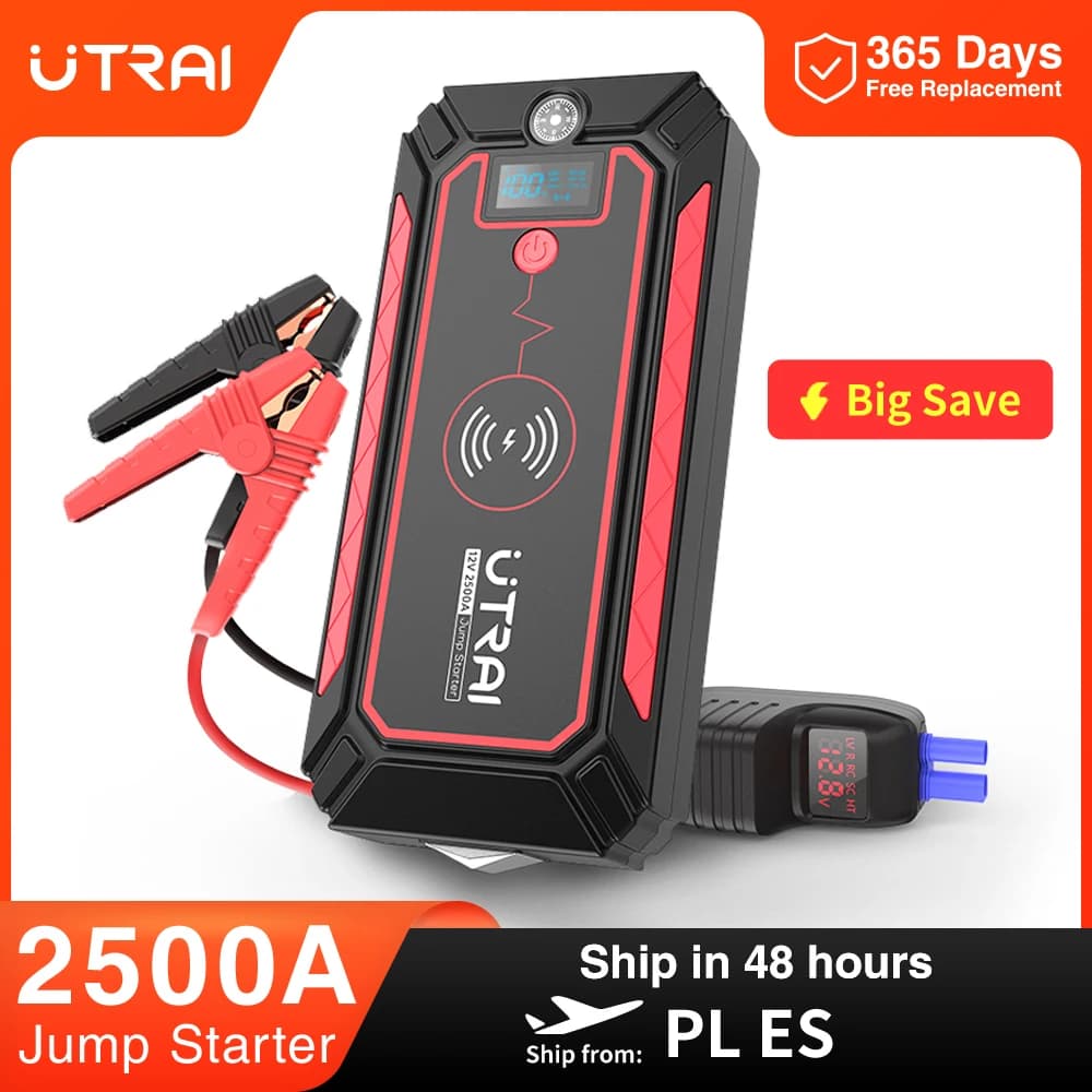 UTRAI 2500A Car Battery Starter Portable Power Bank 10W Wireless Charger LED Light Safety Hammer Car Jump Starter