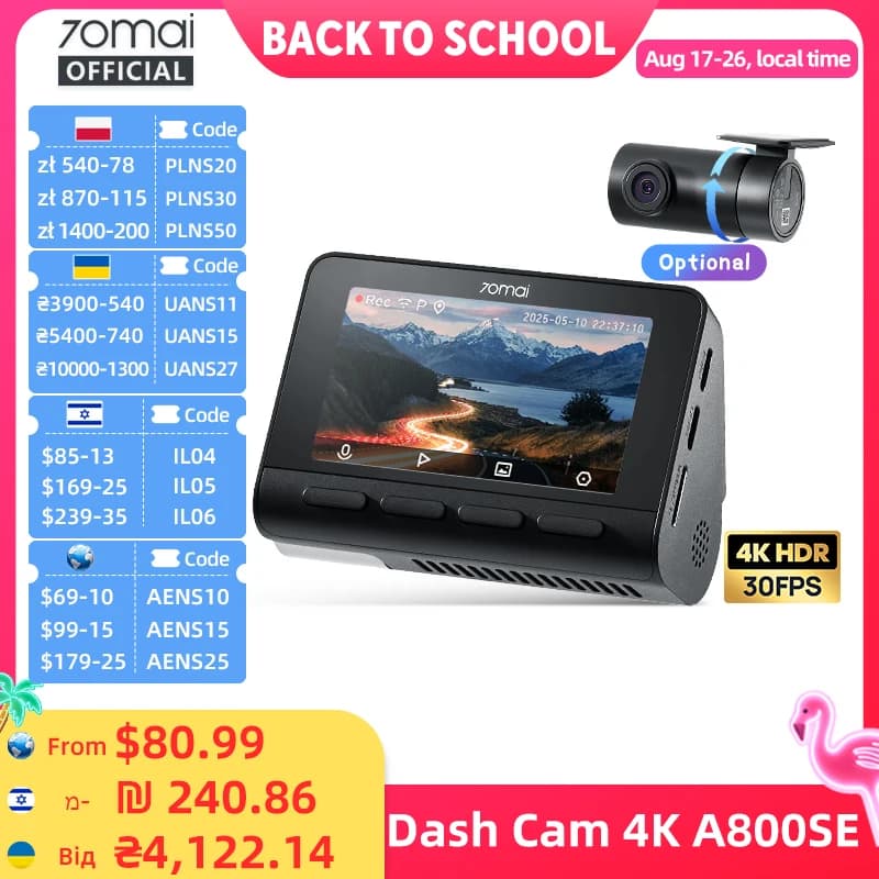 70mai 4K Dash Cam A800SE Upgraded Version of 70mai A800S Voice Control Supercapatior GPS ADAS Car DVR 70mai A800SE UHD Wifi 6