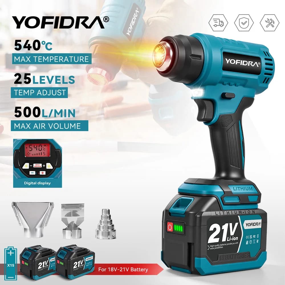 YOFIDRA 25 Levels 5 Gears Cordlss Electric Heat Gun Adjustable Temperature Hot Air Gun Welding Drying Paint Removal Power Tool for Makita 21V Battery Pin
