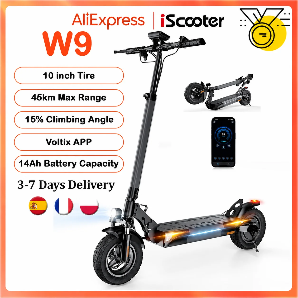 iScooter W9 Electric Scooter 10 inch 48V14Ah 35-45km Range 45km/h Max Speed Off Road Tires Rear Drive Dual Disc Brakes EScooter