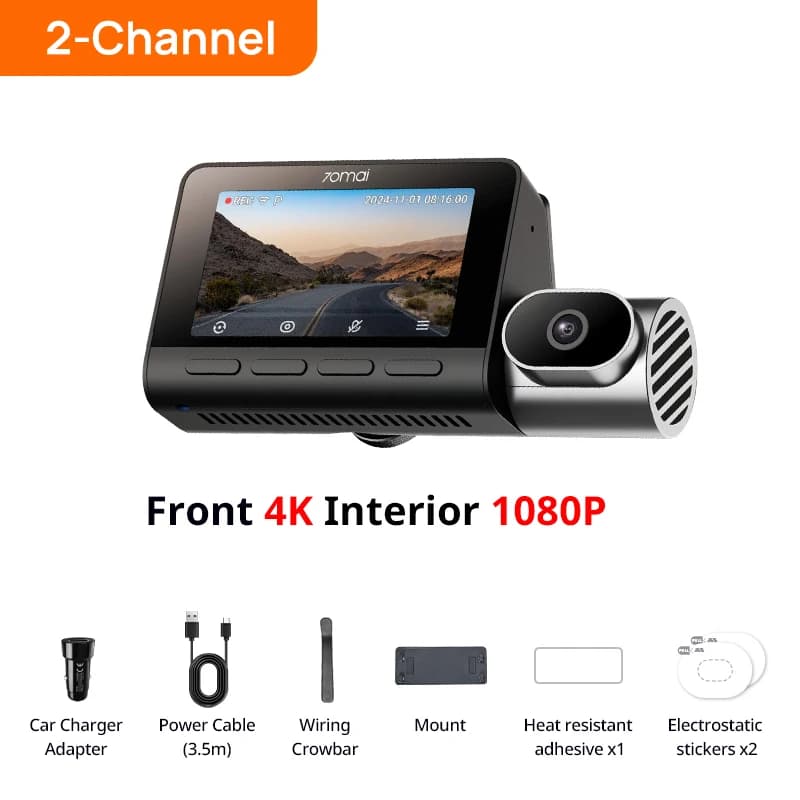 70mai T800 3-Channel HDR Car DVR Front 4K+Rear 4K/1080P+Interior 1080P Voice Control Super Capacitor GPS ADAS Support 4G Wifi 6